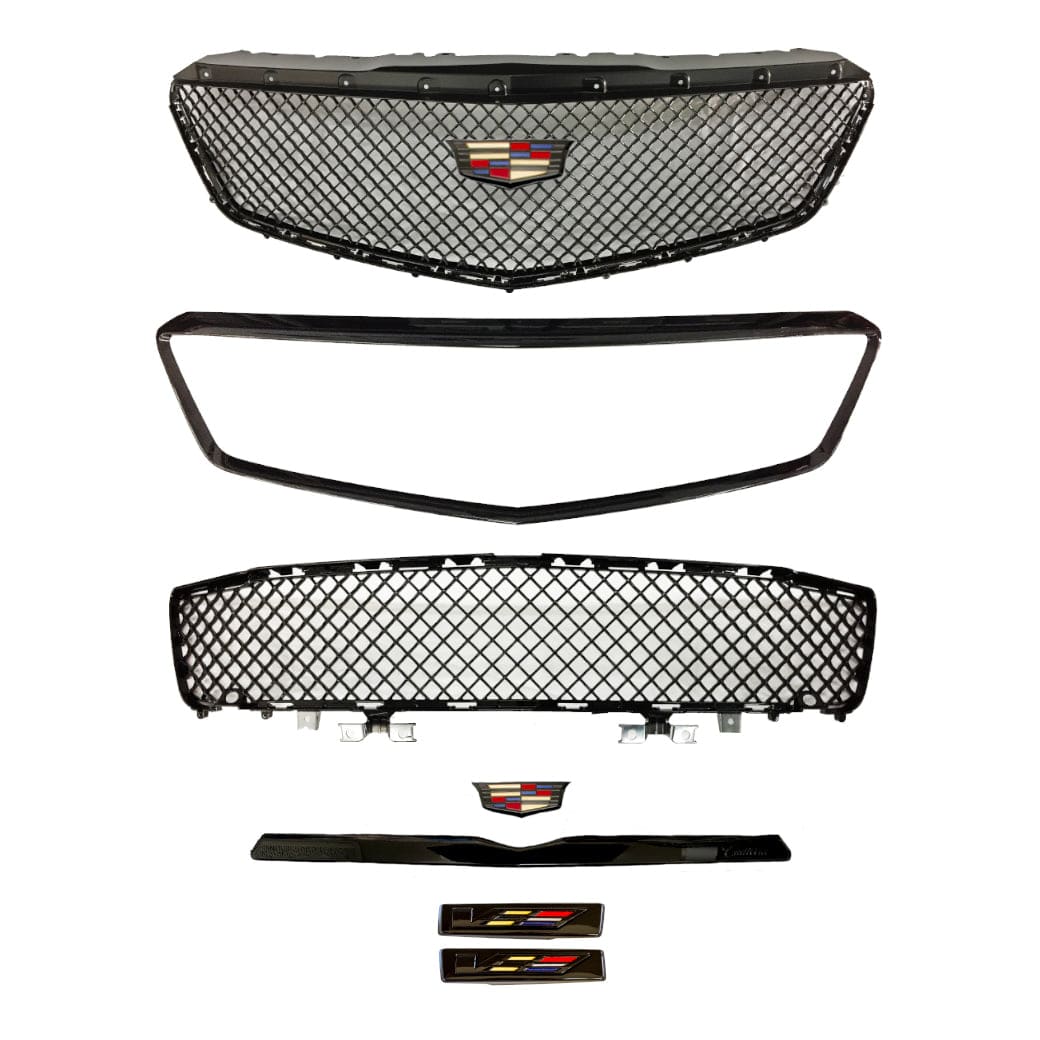 Cadillac CTS-V Gloss Black Blacked Out Kit. Includes Upper and Lower Grille w/ Grille Surround bezel . Also Includes Fender Vent V-Series Emblem Badges Decals with Front Cadillac Badge and Rear Cadillac Badge with Trunk Moulding Appliqué Trim 2016 2017 2018 2019 CTSV CTS-V3