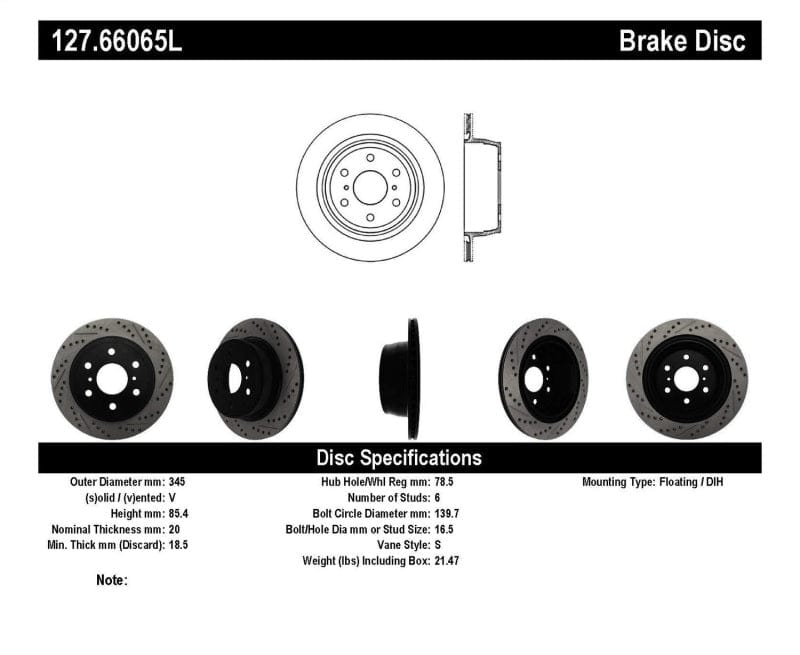 StopTech 2007-2020 Escalade / ESV Rear Left Slotted & Drilled Rotor Stoptech